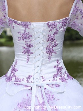 Square Neck Long Sleeves Quinceanera Dress with Lilac Embroidery 