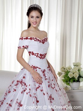 White and Red Off Shoulder Embroidery Ruched Quinceanera Dress