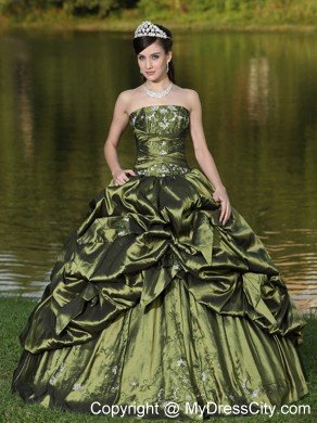 Strapless Taffeta Pick Ups Olive Green Quinceanera Dress With Beads