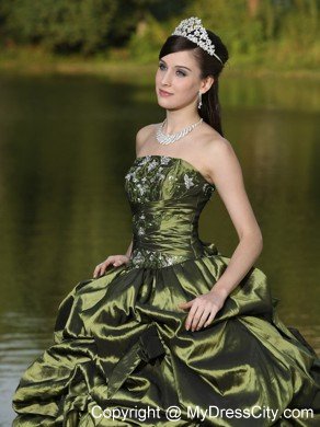 Strapless Taffeta Pick Ups Olive Green Quinceanera Dress With Beads