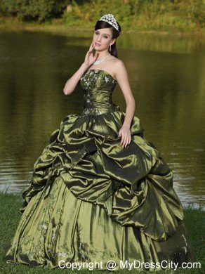 Strapless Taffeta Pick Ups Olive Green Quinceanera Dress With Beads