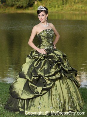 Strapless Taffeta Pick Ups Olive Green Quinceanera Dress With Beads