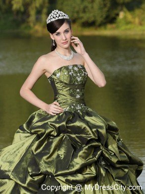 Strapless Taffeta Pick Ups Olive Green Quinceanera Dress With Beads