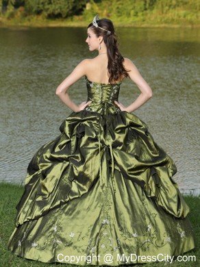 Strapless Taffeta Pick Ups Olive Green Quinceanera Dress With Beads