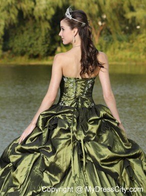 Strapless Taffeta Pick Ups Olive Green Quinceanera Dress With Beads