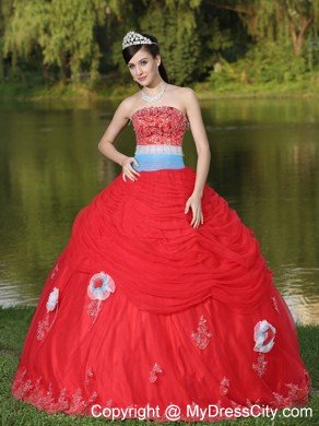 Strapless Ruches Beading Red Sweet 16 Dresses With Flower Decorate