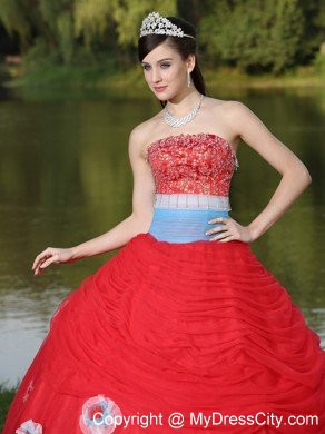 Strapless Ruches Beading Red Sweet 16 Dresses With Flower Decorate