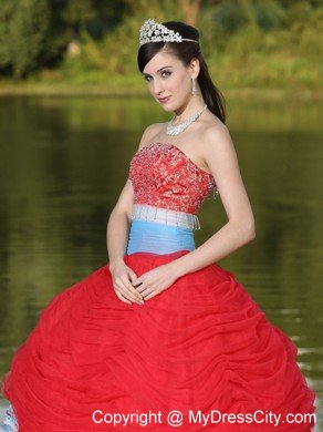 Strapless Ruches Beading Red Sweet 16 Dresses With Flower Decorate