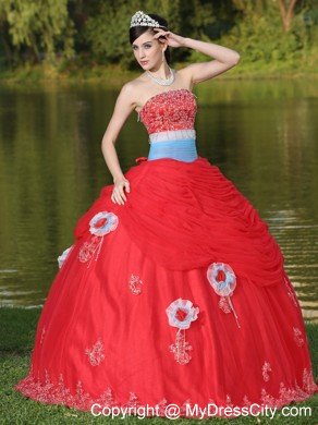 Strapless Ruches Beading Red Sweet 16 Dresses With Flower Decorate