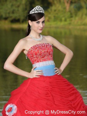 Strapless Ruches Beading Red Sweet 16 Dresses With Flower Decorate