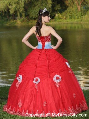 Strapless Ruches Beading Red Sweet 16 Dresses With Flower Decorate