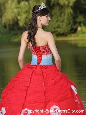 Strapless Ruches Beading Red Sweet 16 Dresses With Flower Decorate