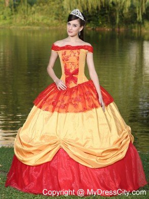 Red and Gold Off The Shoulder Pick Up 2013 Quinceanera Dress