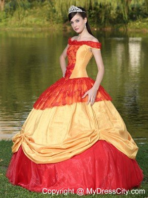 Red and Gold Off The Shoulder Pick Up 2013 Quinceanera Dress