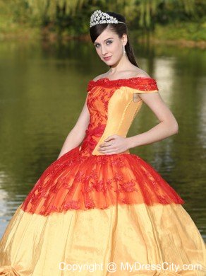 Red and Gold Off The Shoulder Pick Up 2013 Quinceanera Dress