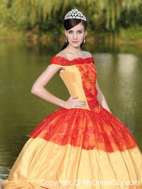 Red and Gold Off The Shoulder Pick Up 2013 Quinceanera Dress