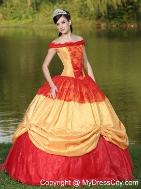 Red and Gold Off The Shoulder Pick Up 2013 Quinceanera Dress