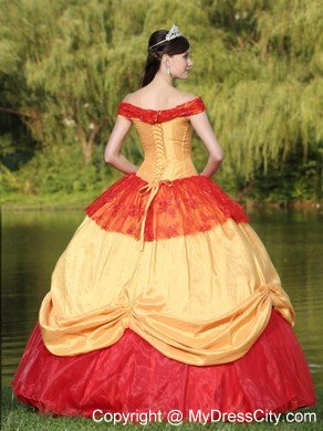 Red and Gold Off The Shoulder Pick Up 2013 Quinceanera Dress