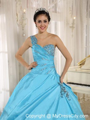 One Shoulder Appliques Beading Baby Blue Sweet Sixteen Dresses