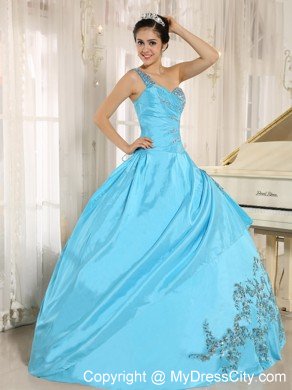 One Shoulder Appliques Beading Baby Blue Sweet Sixteen Dresses