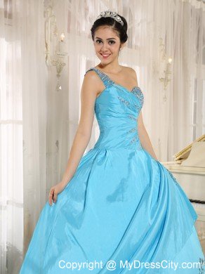 One Shoulder Appliques Beading Baby Blue Sweet Sixteen Dresses