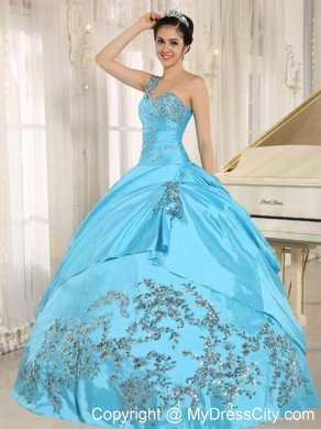 One Shoulder Appliques Beading Baby Blue Sweet Sixteen Dresses