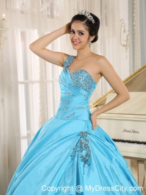 One Shoulder Appliques Beading Baby Blue Sweet Sixteen Dresses