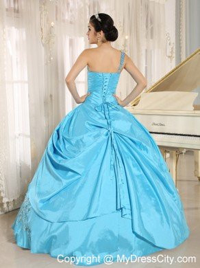 One Shoulder Appliques Beading Baby Blue Sweet Sixteen Dresses