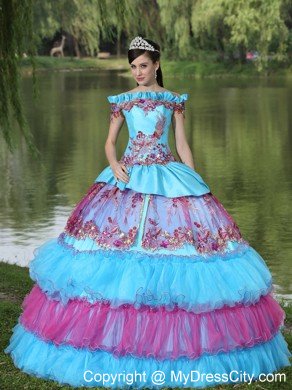 Off Shoulder Tiered Appliques Blue and Pink Quinceanera Dress