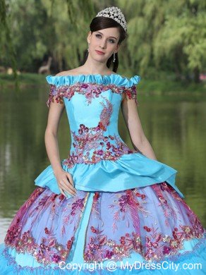 Off Shoulder Tiered Appliques Blue and Pink Quinceanera Dress