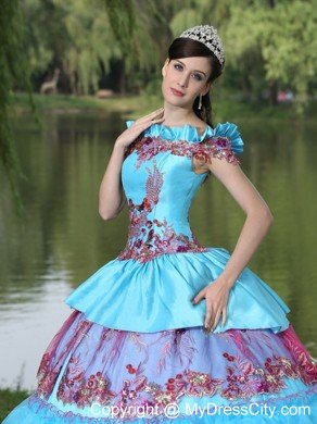 Off Shoulder Tiered Appliques Blue and Pink Quinceanera Dress