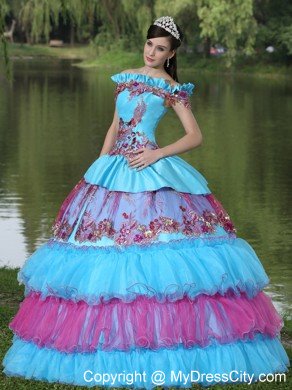 Off Shoulder Tiered Appliques Blue and Pink Quinceanera Dress