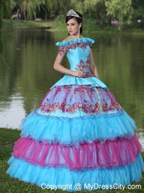 Off Shoulder Tiered Appliques Blue and Pink Quinceanera Dress