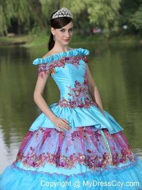 Off Shoulder Tiered Appliques Blue and Pink Quinceanera Dress