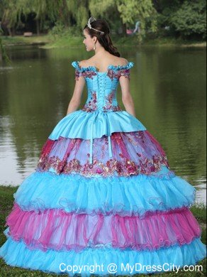 Off Shoulder Tiered Appliques Blue and Pink Quinceanera Dress