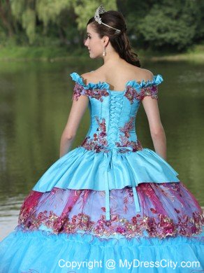 Off Shoulder Tiered Appliques Blue and Pink Quinceanera Dress