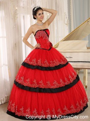 Strapless Handmade Flowers Red Quinceanera Gown with Appliques