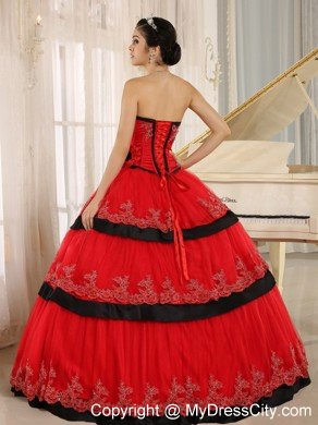 Strapless Handmade Flowers Red Quinceanera Gown with Appliques