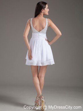 White Chiffon Short A-line Prom Dress With Beaded Straps