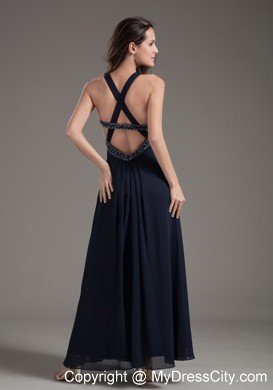 Straps Empire Cross Back Navy Prom Dress with Beading