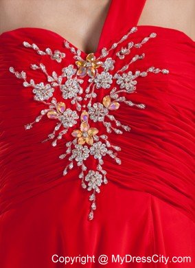 Single Shoulder Beading Red Chiffon Prom Dresses