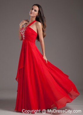 Single Shoulder Beading Red Chiffon Prom Dresses