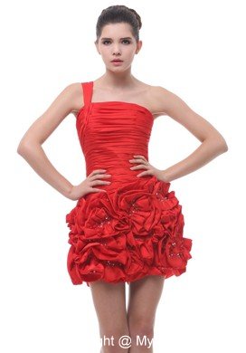 One Shoulder Cocktail Dress with Ruffled Hand Made Flowers