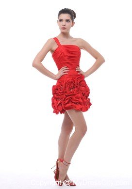 One Shoulder Cocktail Dress with Ruffled Hand Made Flowers