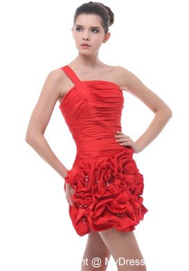 One Shoulder Cocktail Dress with Ruffled Hand Made Flowers