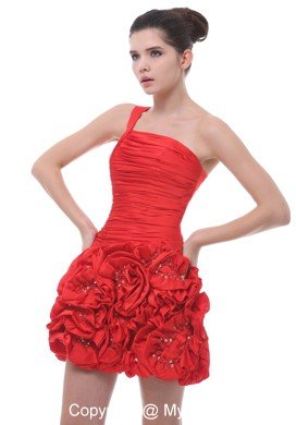 One Shoulder Cocktail Dress with Ruffled Hand Made Flowers