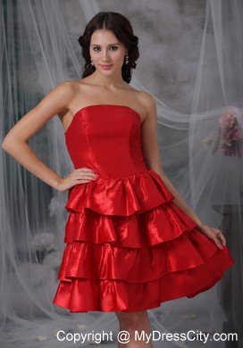 Red A-line Strapless Knee-length Ruffled Layers Cocktail Dress