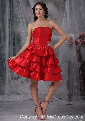 Red A-line Strapless Knee-length Ruffled Layers Cocktail Dress