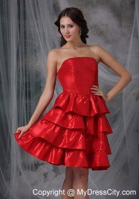 Red A-line Strapless Knee-length Ruffled Layers Cocktail Dress