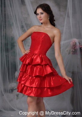 Red A-line Strapless Knee-length Ruffled Layers Cocktail Dress